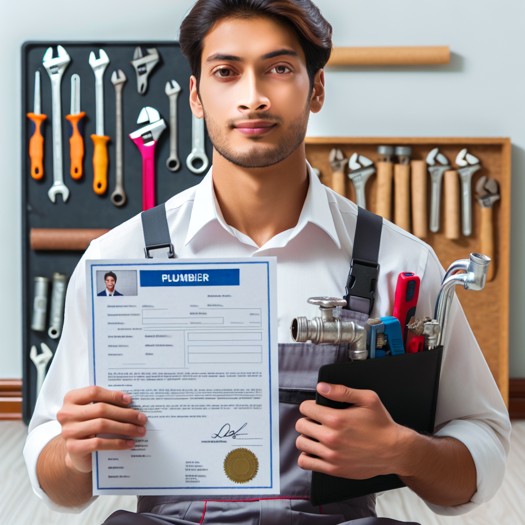 A friendly local plumber showing his license and insurance certificate while standing beside plumbing tools in a home setting