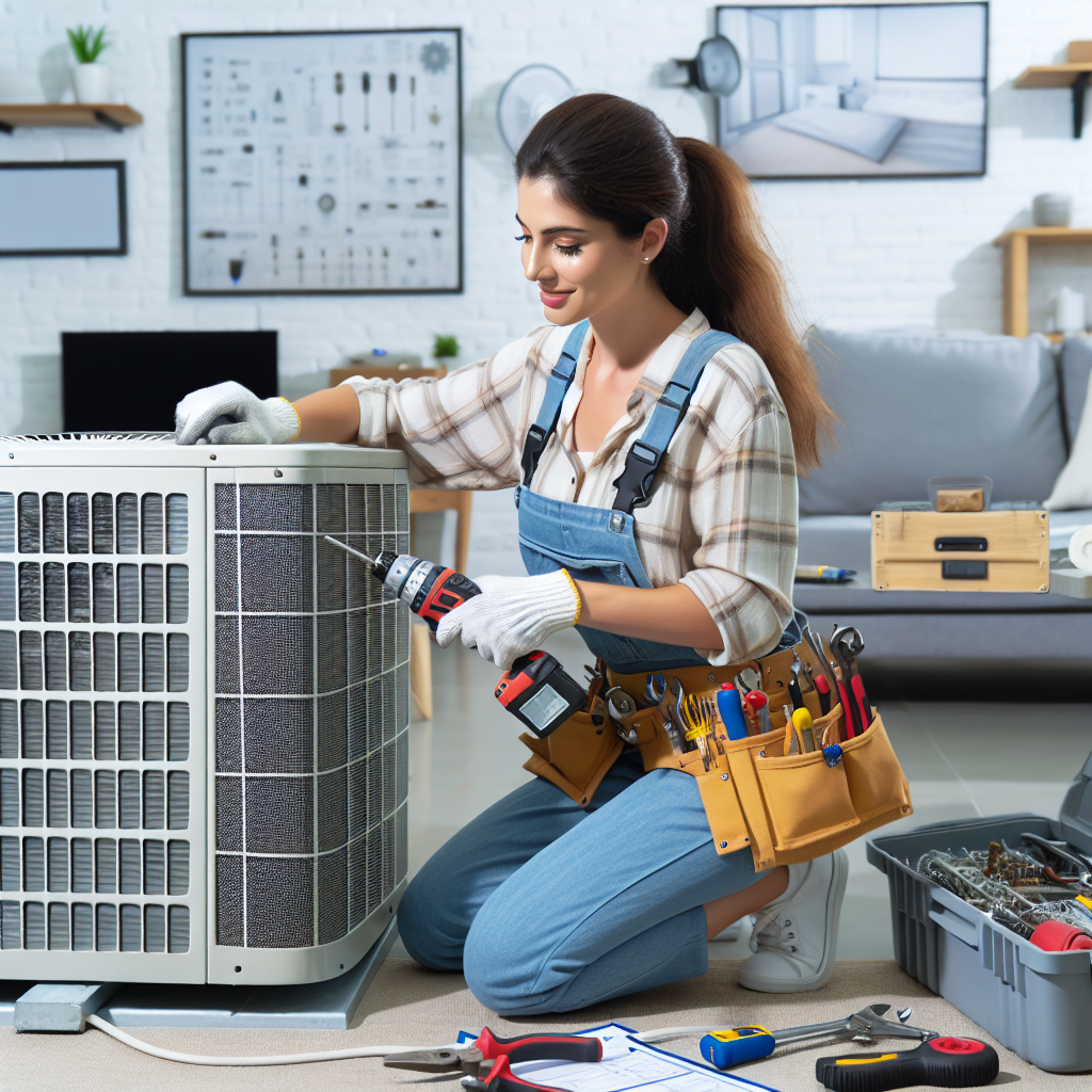 A certified HVAC technician working on an air conditioning unit in a residential setting, showcasing tools and equipment