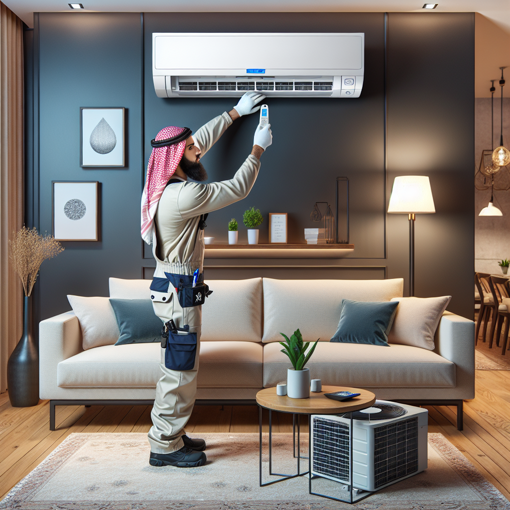 A professional HVAC technician installing a modern ductless mini-split air conditioning system in a stylish living room