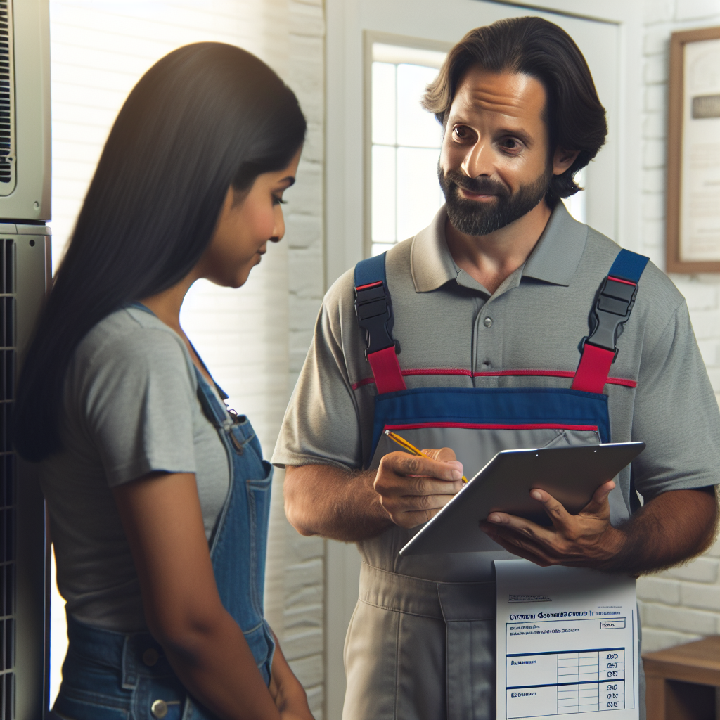A friendly HVAC contractor discussing pricing options with a homeowner in front of an air conditioning unit