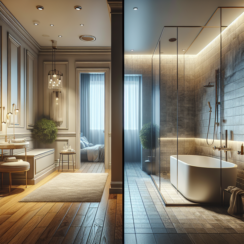 A modern bathroom featuring a luxurious walk-in shower with trendy fixtures and elegant design elements, showcasing before and after transformation from a traditional bathtub