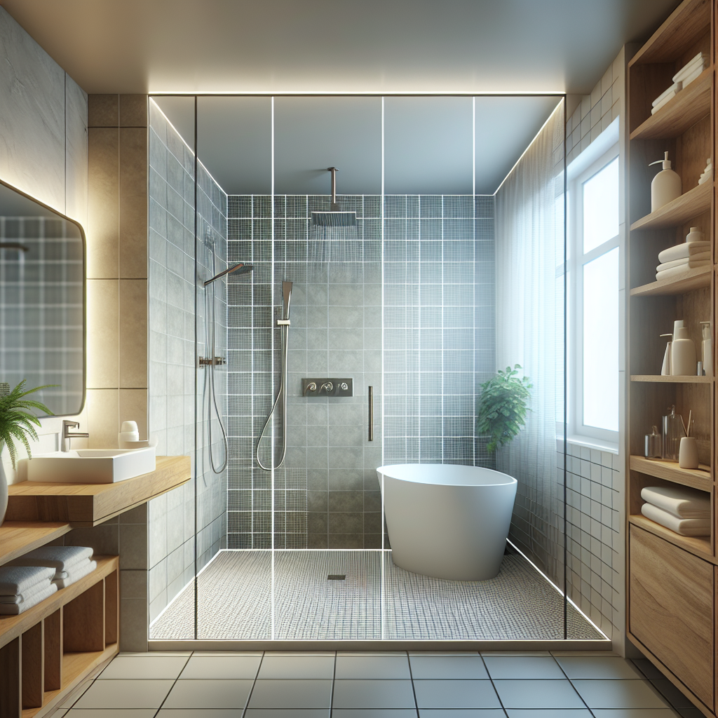 A modern bathroom with a newly installed walk-in shower replacing an old bathtub, showcasing stylish tiles and fixtures