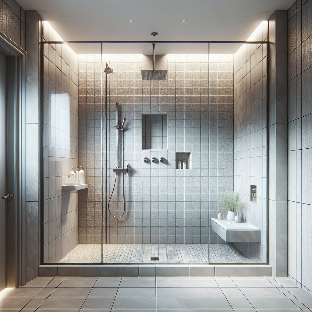 A stylish modern bathroom featuring a walk-in shower installation with trendy fixtures and elegant tile work