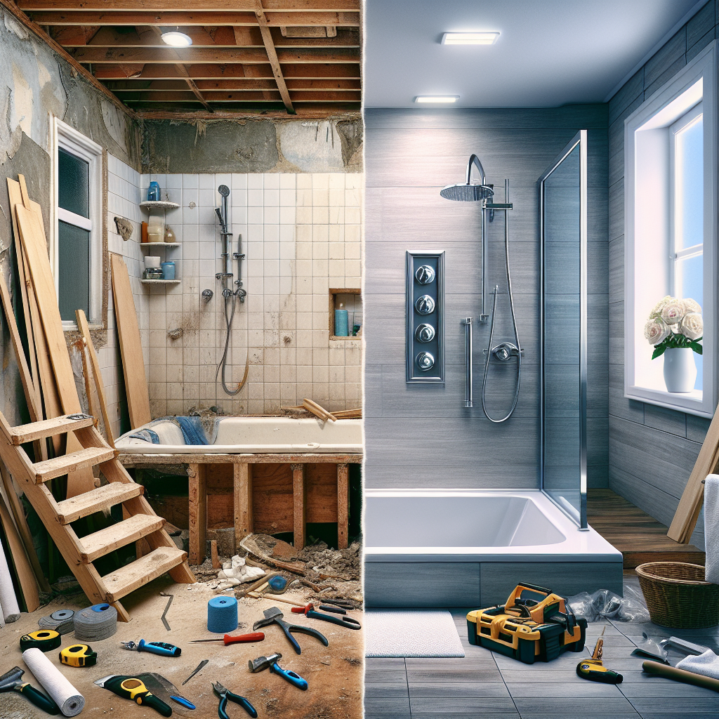 A split image showing half of a DIY bathtub shower conversion project in progress and half showcasing a professionally installed modern walk-in shower.