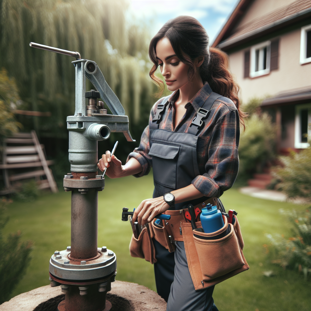 A technician inspecting a residential well pump in a backyard setting