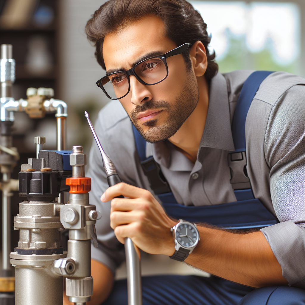 A licensed technician assessing a residential well pump system with tools in hand