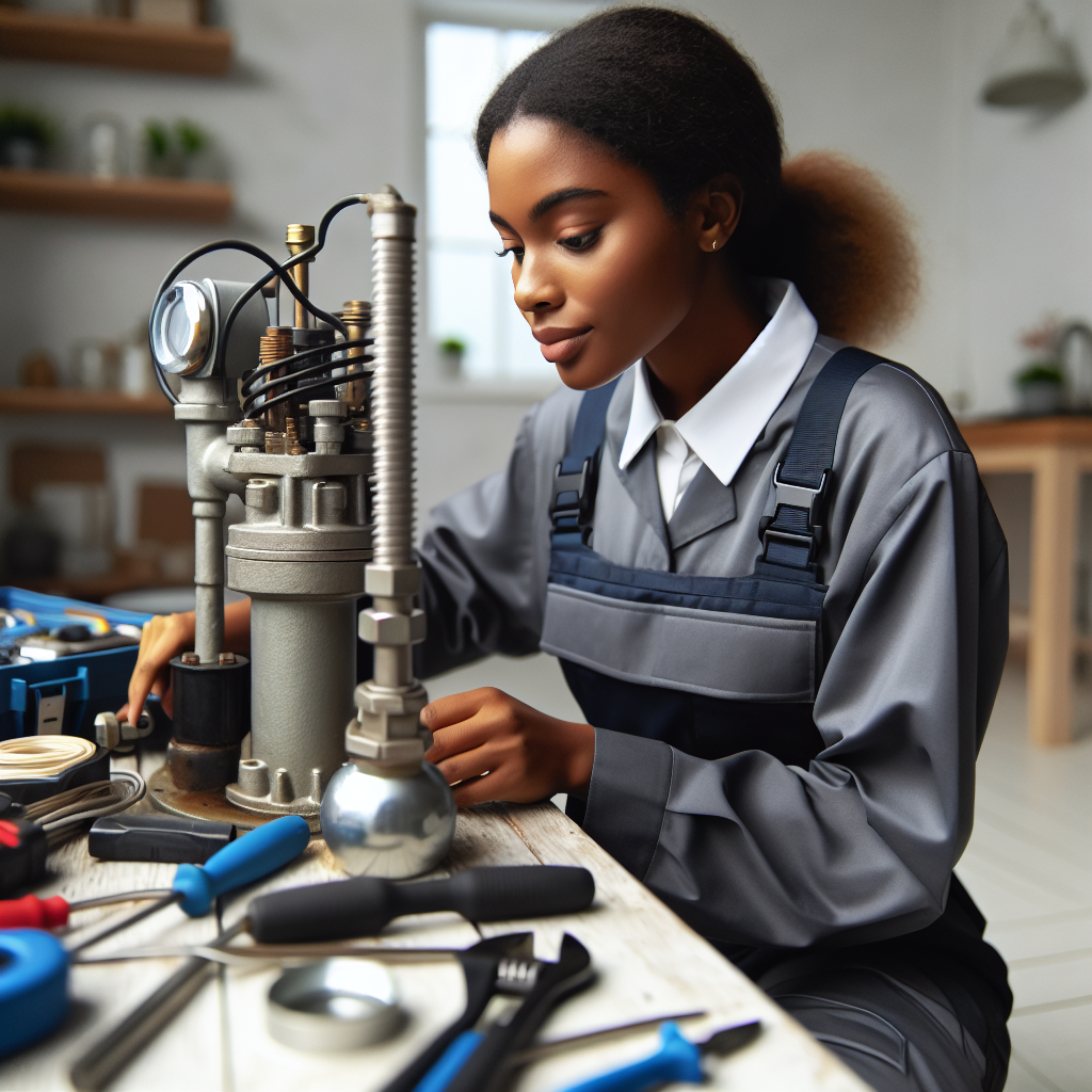 A licensed technician performing maintenance on a residential well pump system, surrounded by tools and equipment
