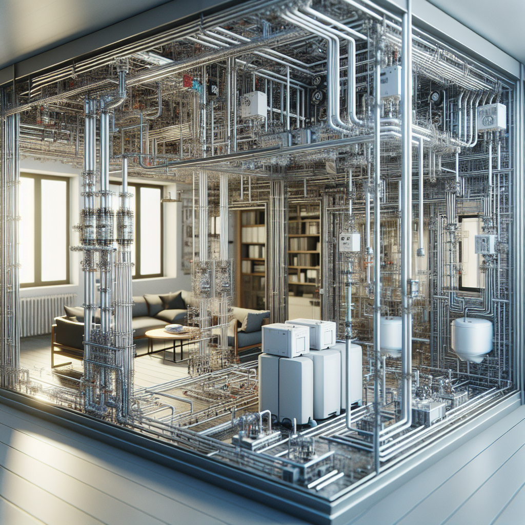 A visual representation of interconnected HVAC and plumbing systems in a modern home setting