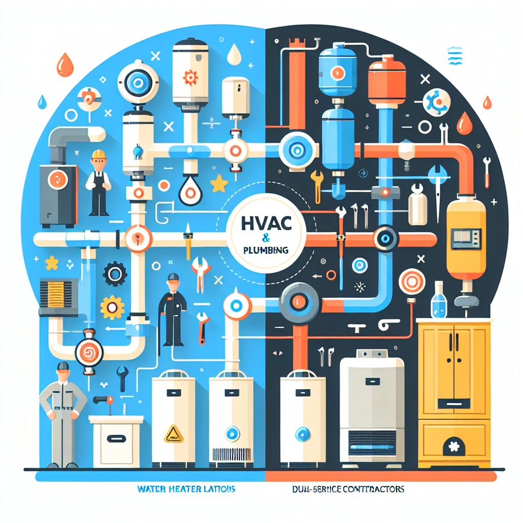An infographic showing the overlap between HVAC and plumbing services with icons representing shared components like water heaters, boilers, and dual-service contractors
