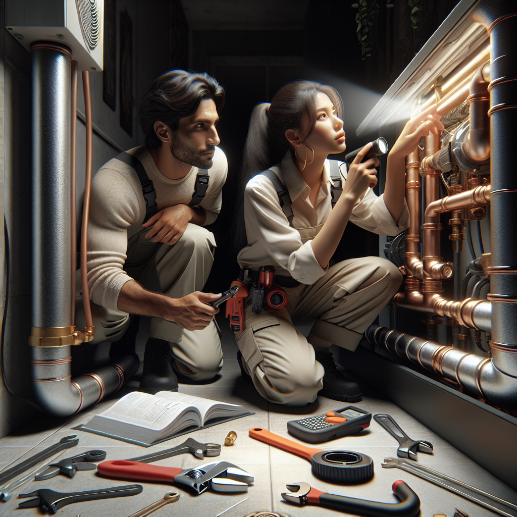 A technician performing maintenance on an HVAC system while another technician is inspecting plumbing pipes, showcasing the connection between HVAC and plumbing systems