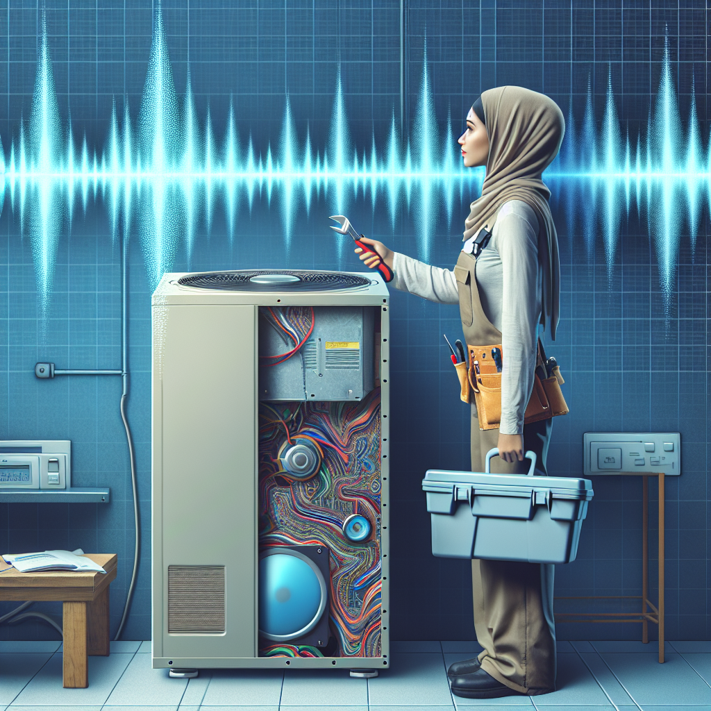 A technician inspecting an HVAC unit with tools in hand, surrounded by sound wave graphics to represent unusual noises