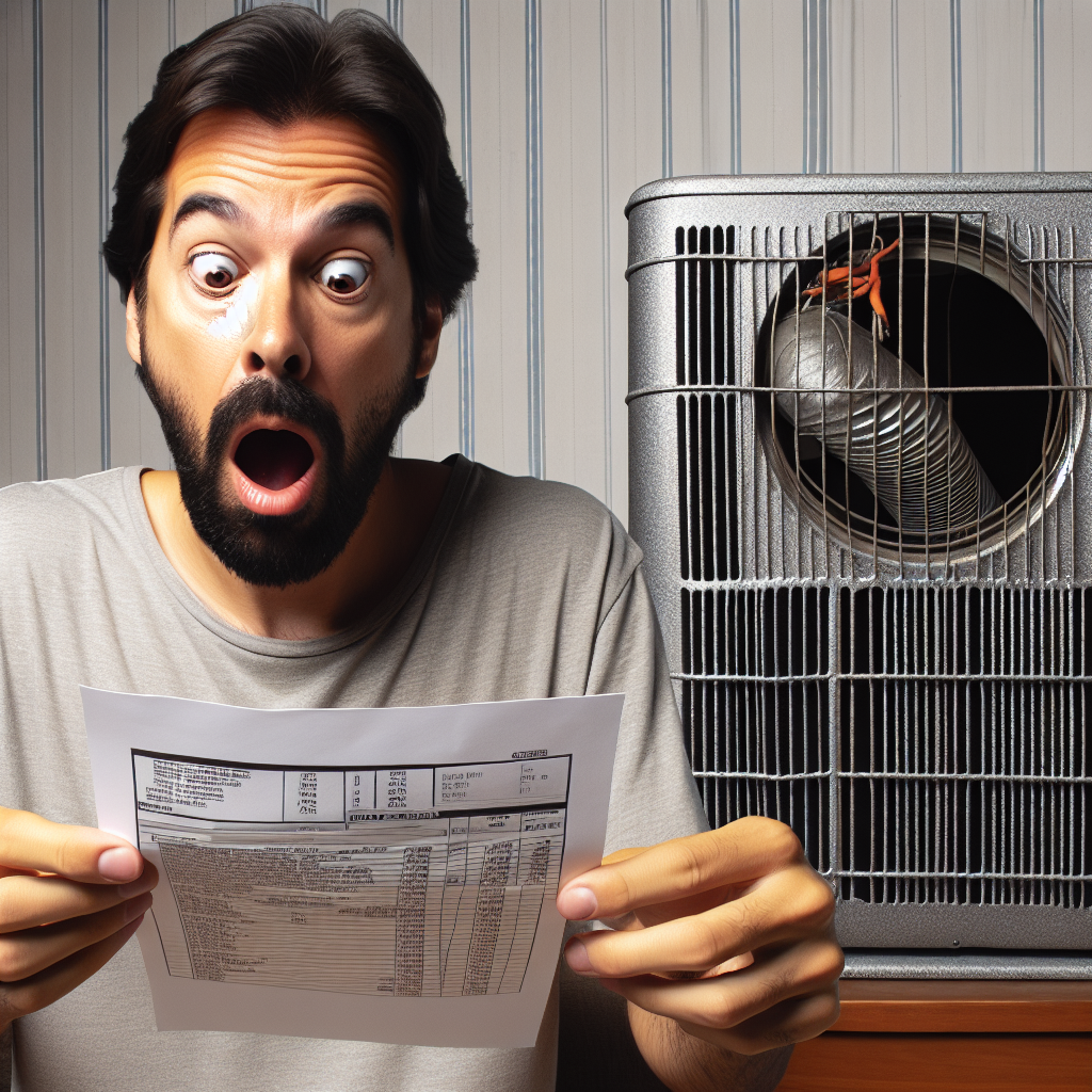 A person shocked by their high energy bill while sitting next to an old HVAC unit