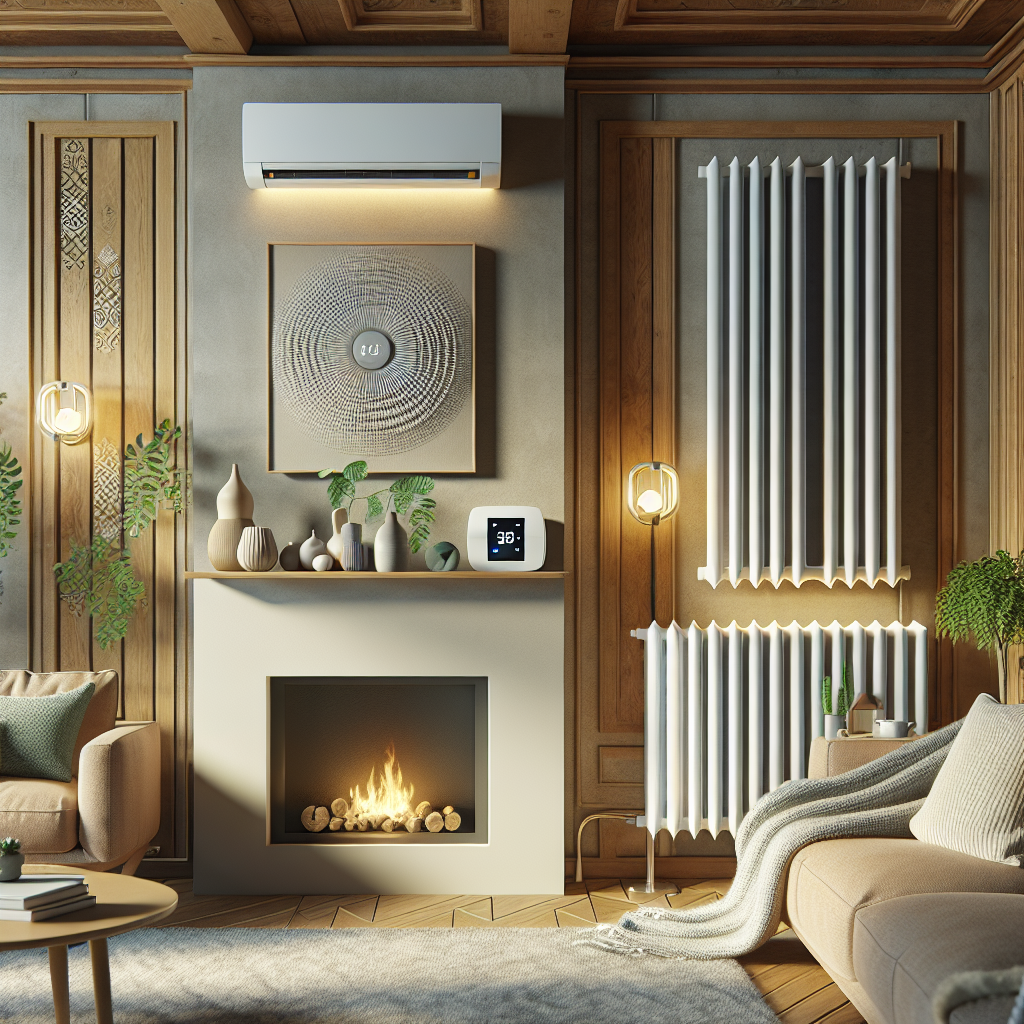 A cozy home interior with visible heating and cooling elements, showcasing a modern thermostat