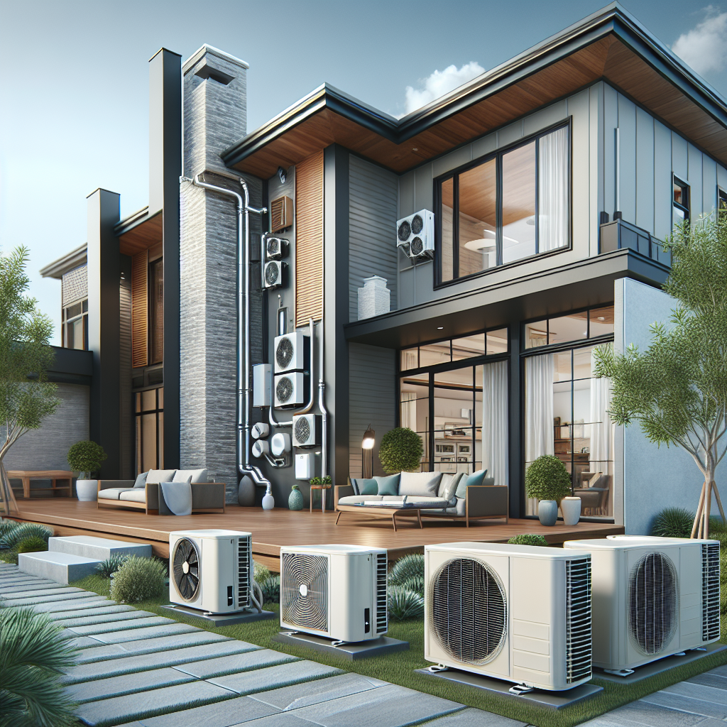 A modern home showcasing different types of HVAC systems including central air conditioning units, heat pumps, and ductless mini-split systems in an outdoor setting.