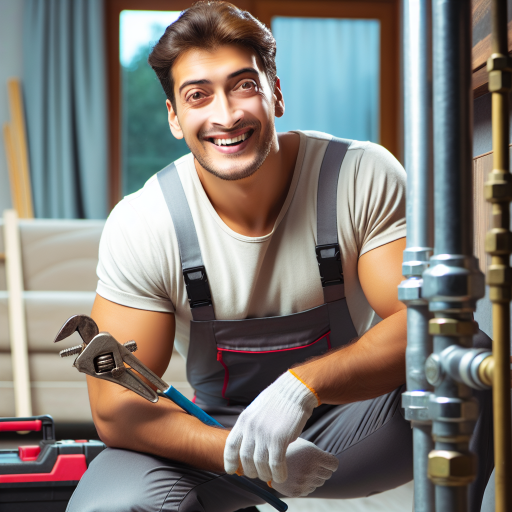 A friendly plumber inspecting pipes with tools in hand, looking cheerful while working in a home setting
