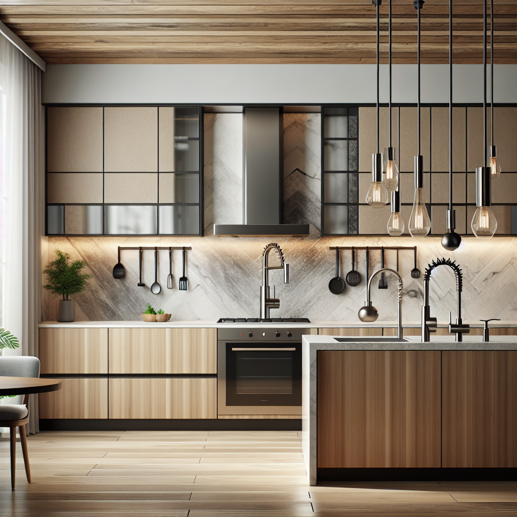 A stylish modern kitchen featuring various types of faucets including touchless and pull-out spray faucets