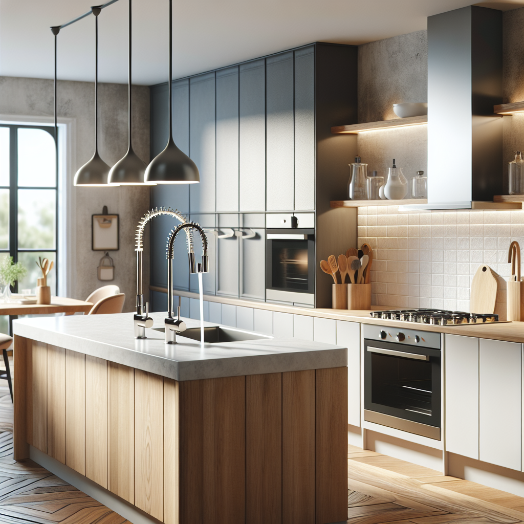 A modern kitchen with various types of faucets displayed including high arc and touchless options