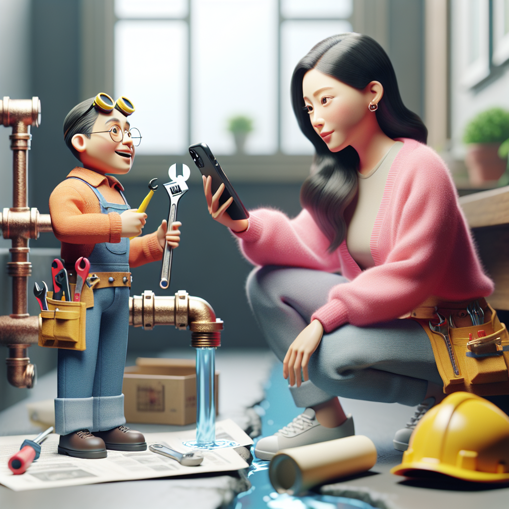 A friendly plumber with tools in hand, looking at a smartphone while standing next to a leaky pipe