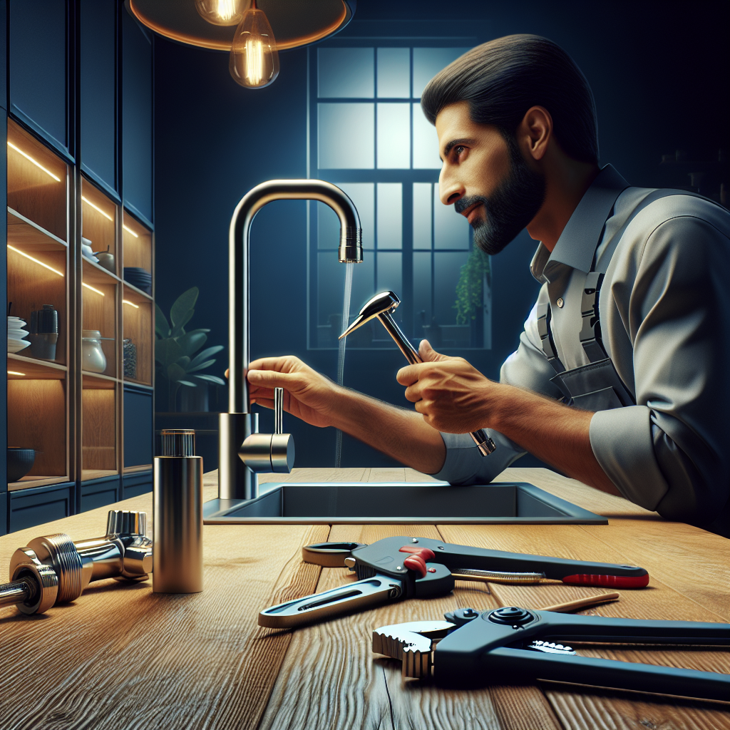 A professional plumber installing a modern kitchen faucet with tools laid out neatly