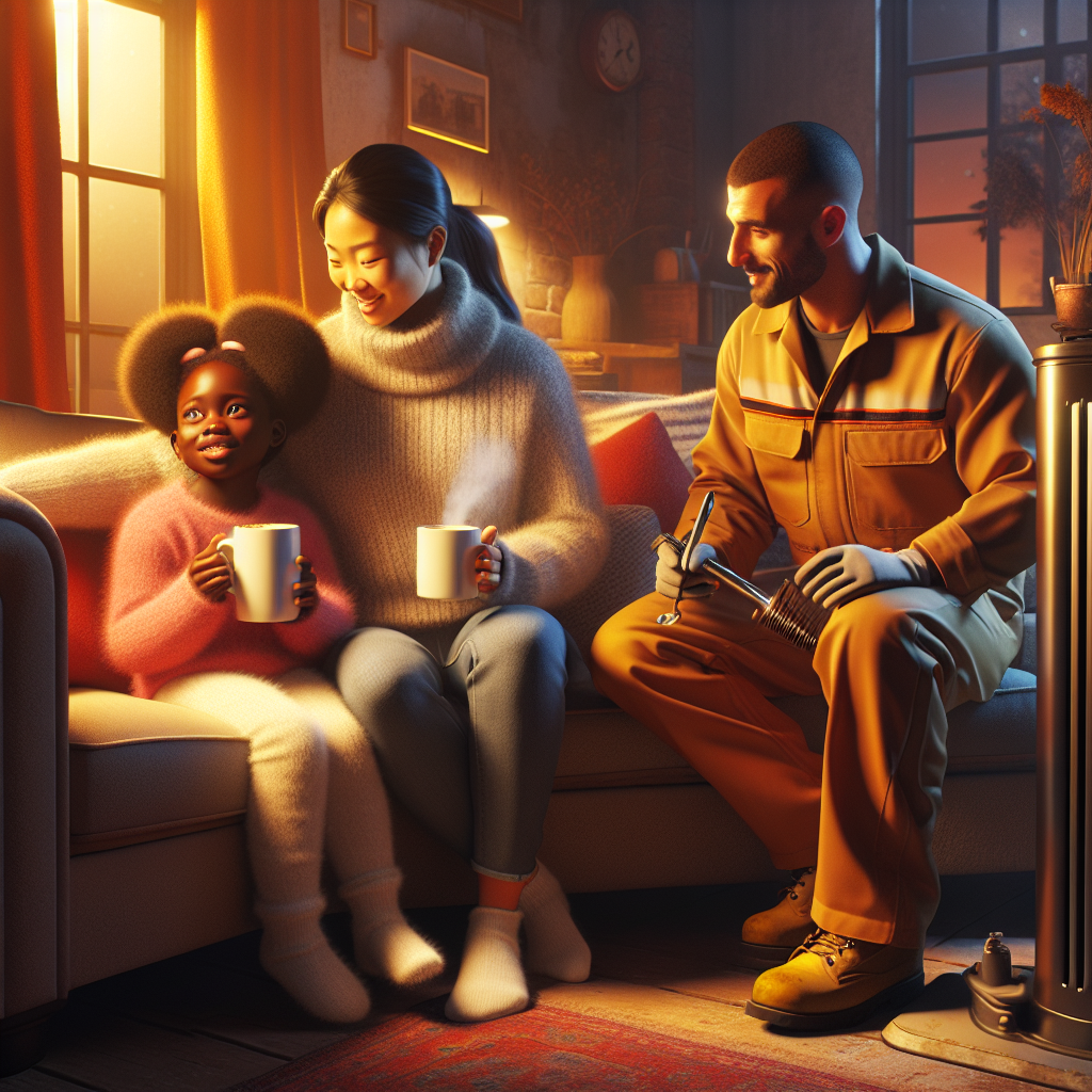 A cozy living room scene with a family enjoying hot cocoa while a technician inspects their furnace
