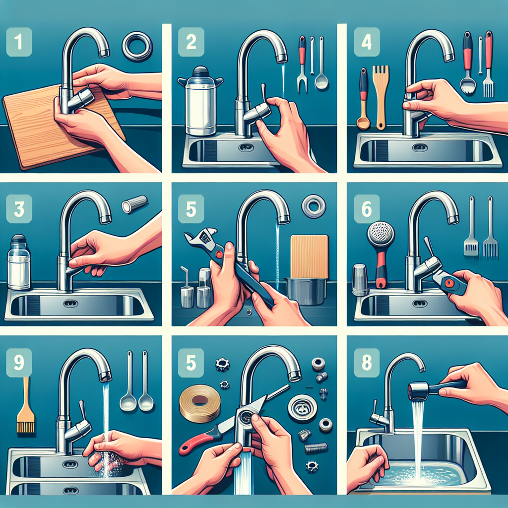 A step-by-step visual guide showing tools and processes for replacing a kitchen faucet in a modern kitchen setting.