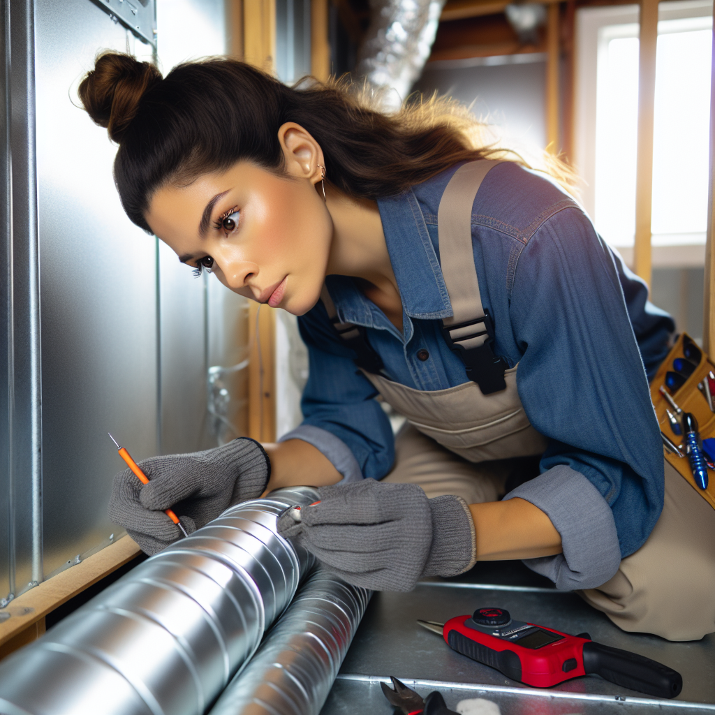 A professional HVAC technician inspecting residential ductwork with tools in hand