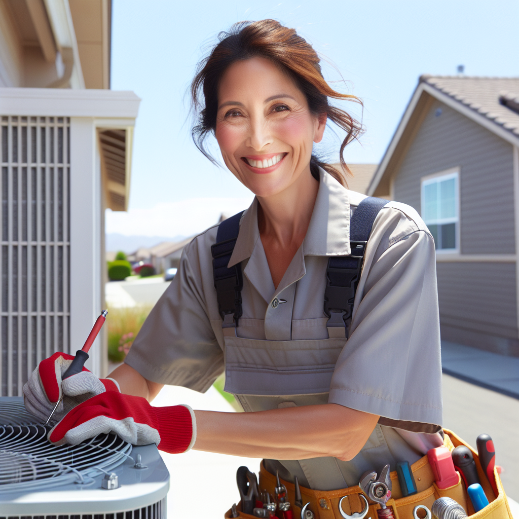 A friendly HVAC technician working on an air conditioning unit outside a home