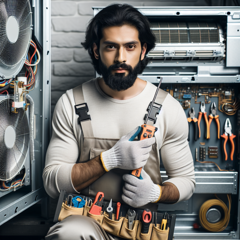 An experienced HVAC technician working on a central air conditioning unit with tools in hand