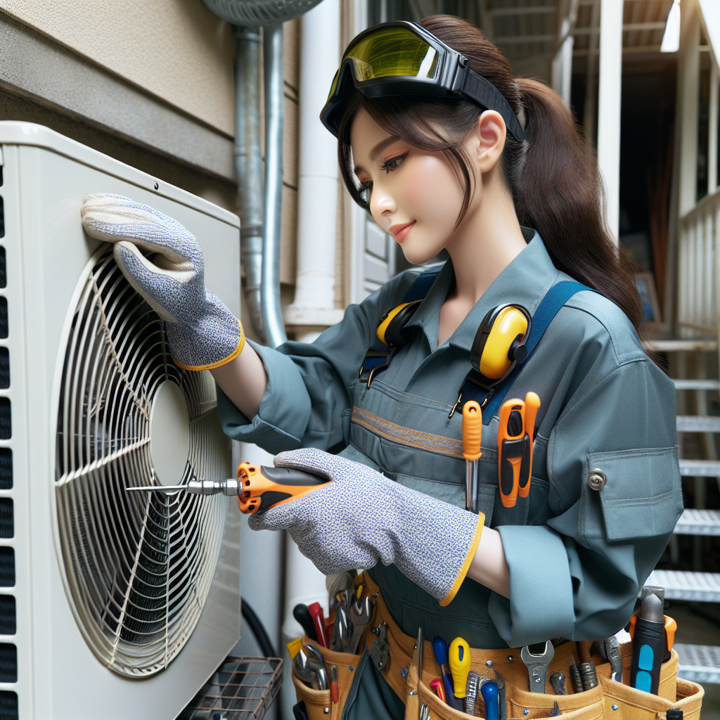 A friendly HVAC technician inspecting an air conditioning unit outdoors with tools in hand