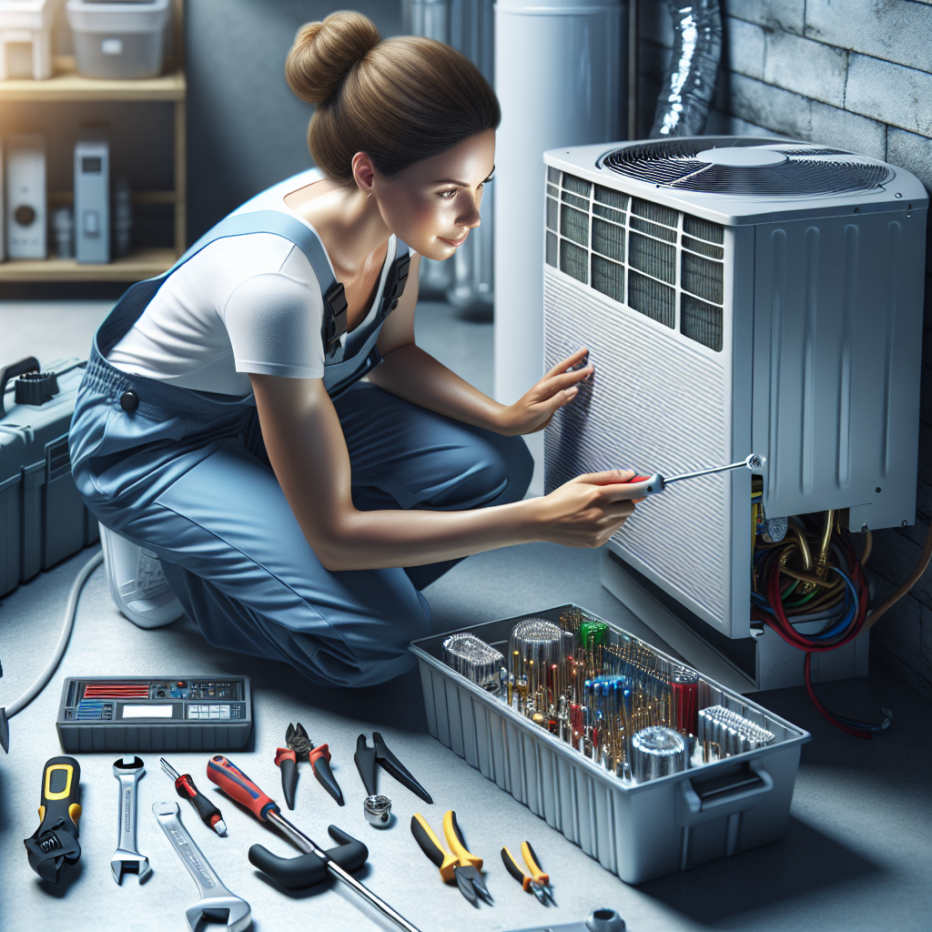 An HVAC technician performing maintenance on an air conditioning unit, with tools and equipment visible