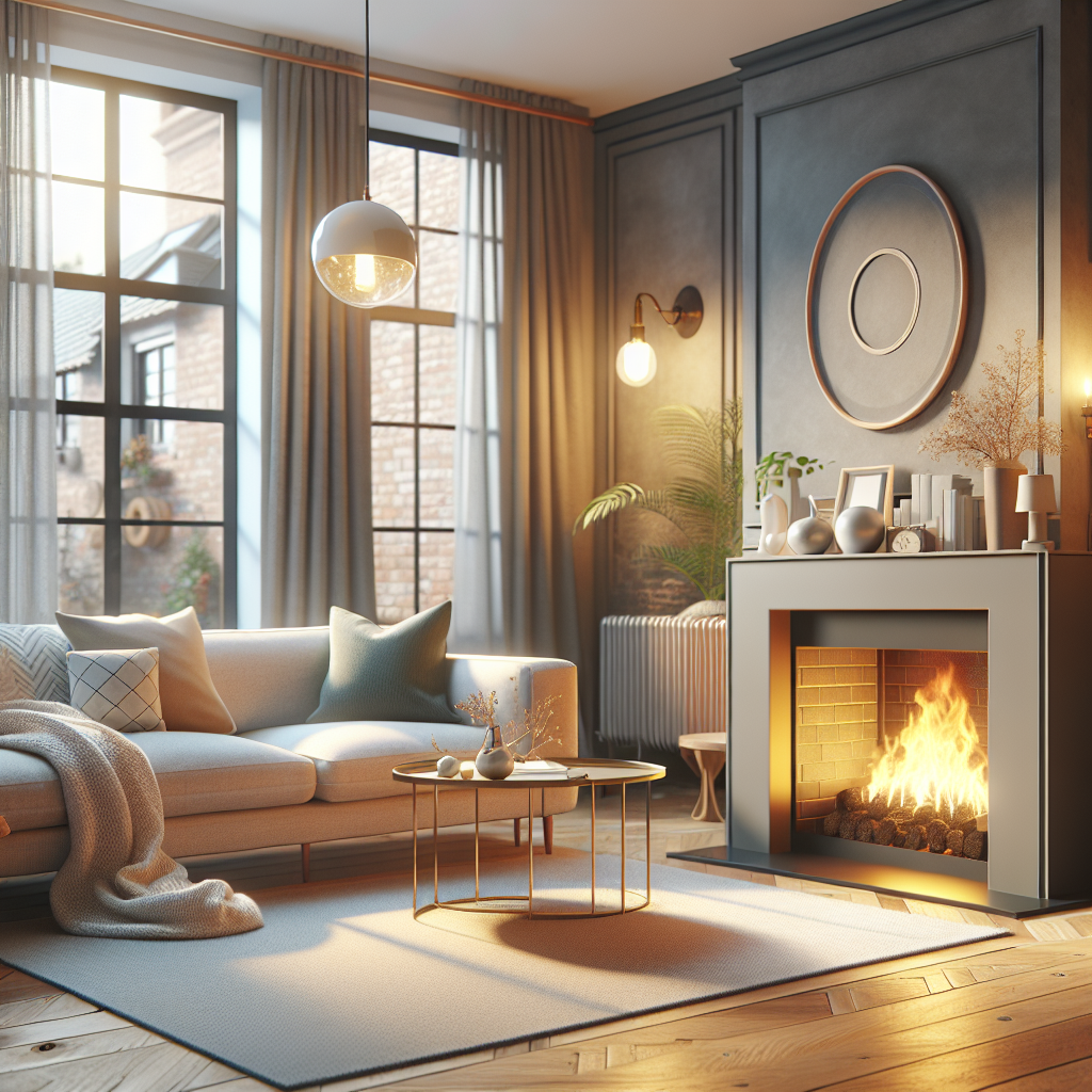 A cozy living room with a warm fireplace and heating equipment in the background