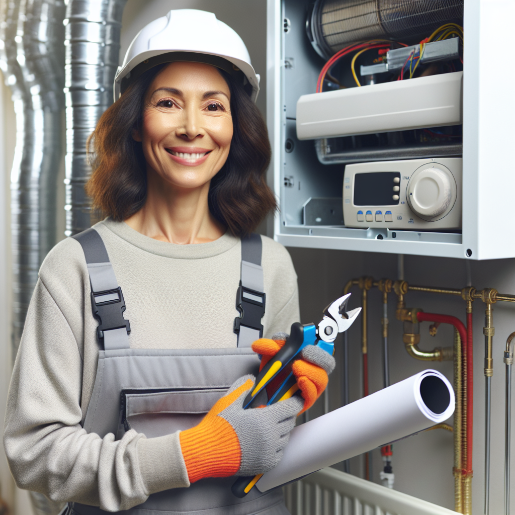 A friendly HVAC technician inspecting a residential heating system