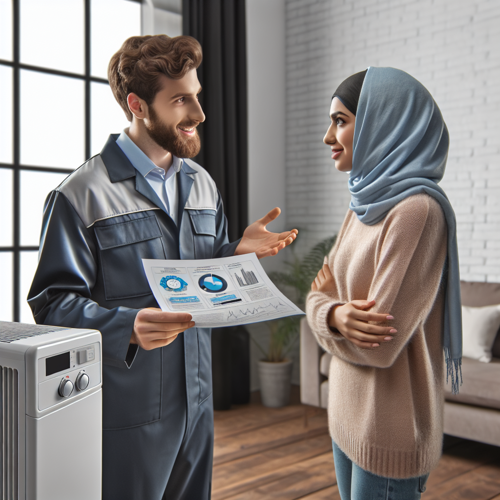 A friendly HVAC technician explaining heating system costs to a homeowner