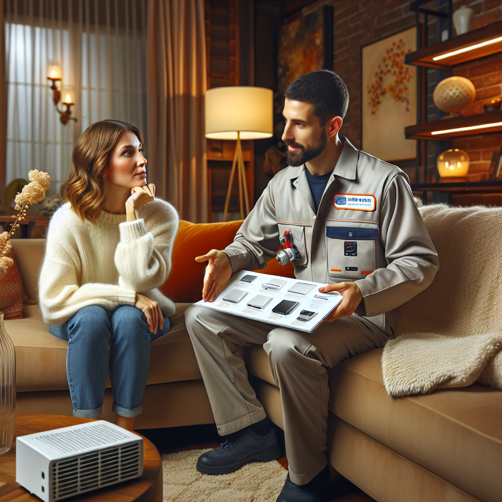 A friendly HVAC technician explaining heating system options to a homeowner in a cozy living room