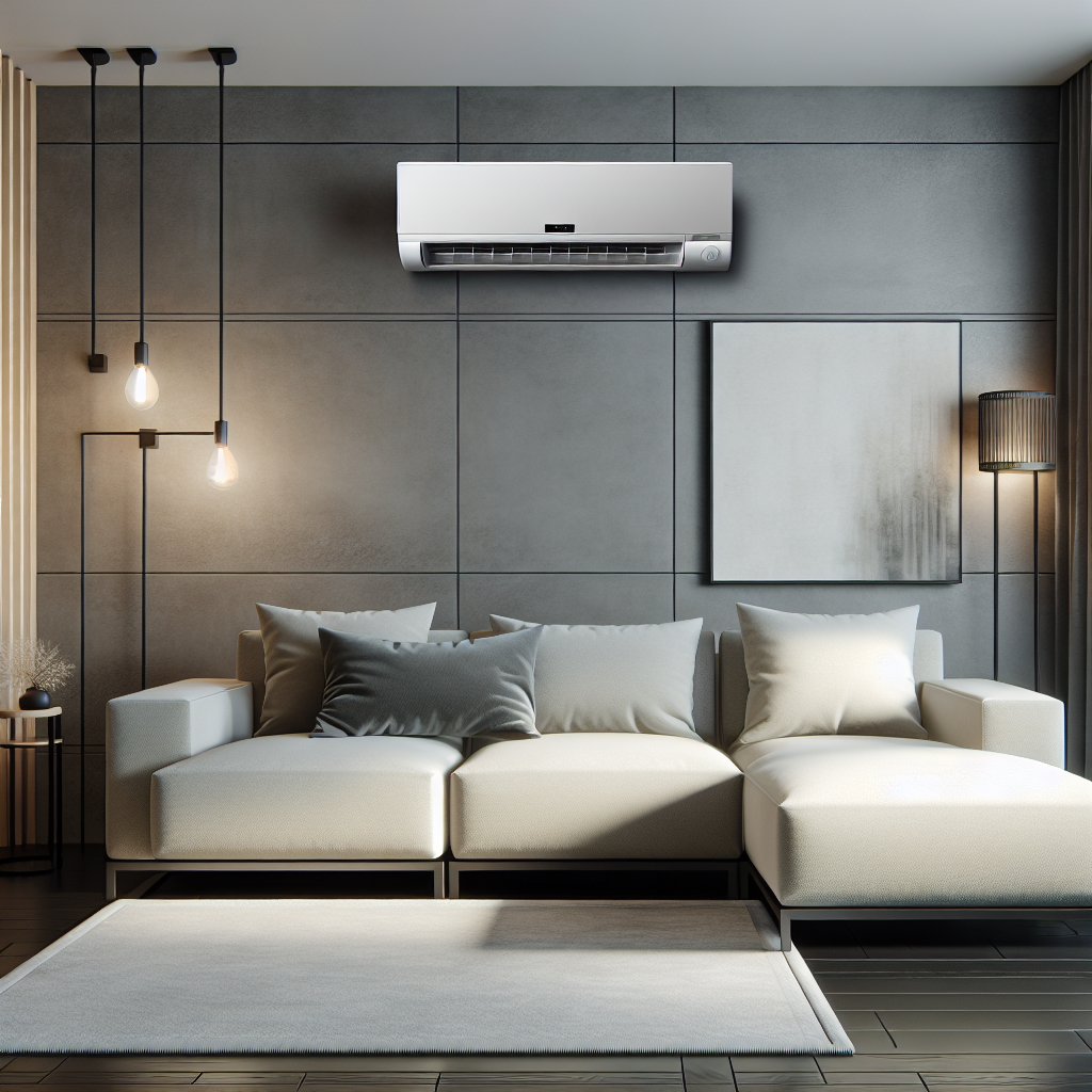 A modern living room with a sleek wall-mounted split AC unit installed, showcasing its stylish design and efficient cooling capabilities.