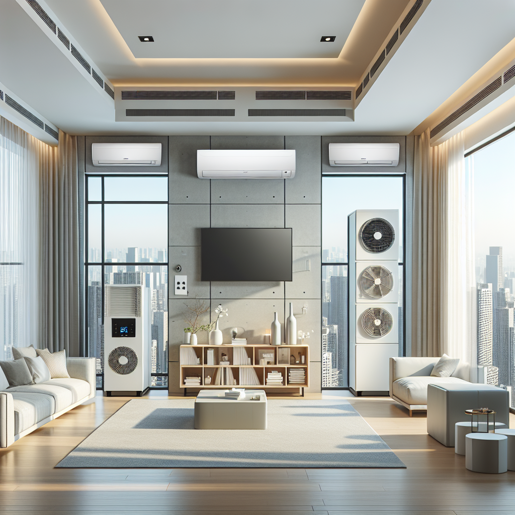 A modern home interior showcasing various types of split AC units including ductless air conditioners and wall-mounted AC units