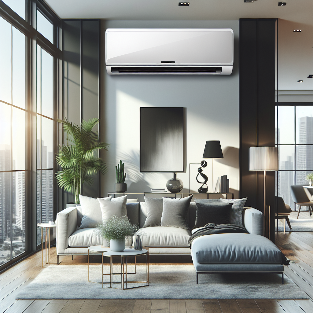 A modern living room featuring a sleek wall-mounted split AC unit, stylish decor, and sunlight streaming through large windows