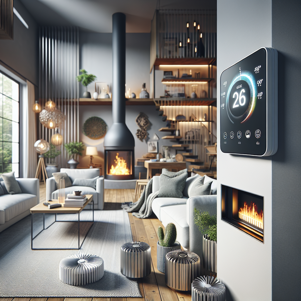A cozy living room with a thermostat displaying optimal temperature settings, surrounded by heating and cooling equipment