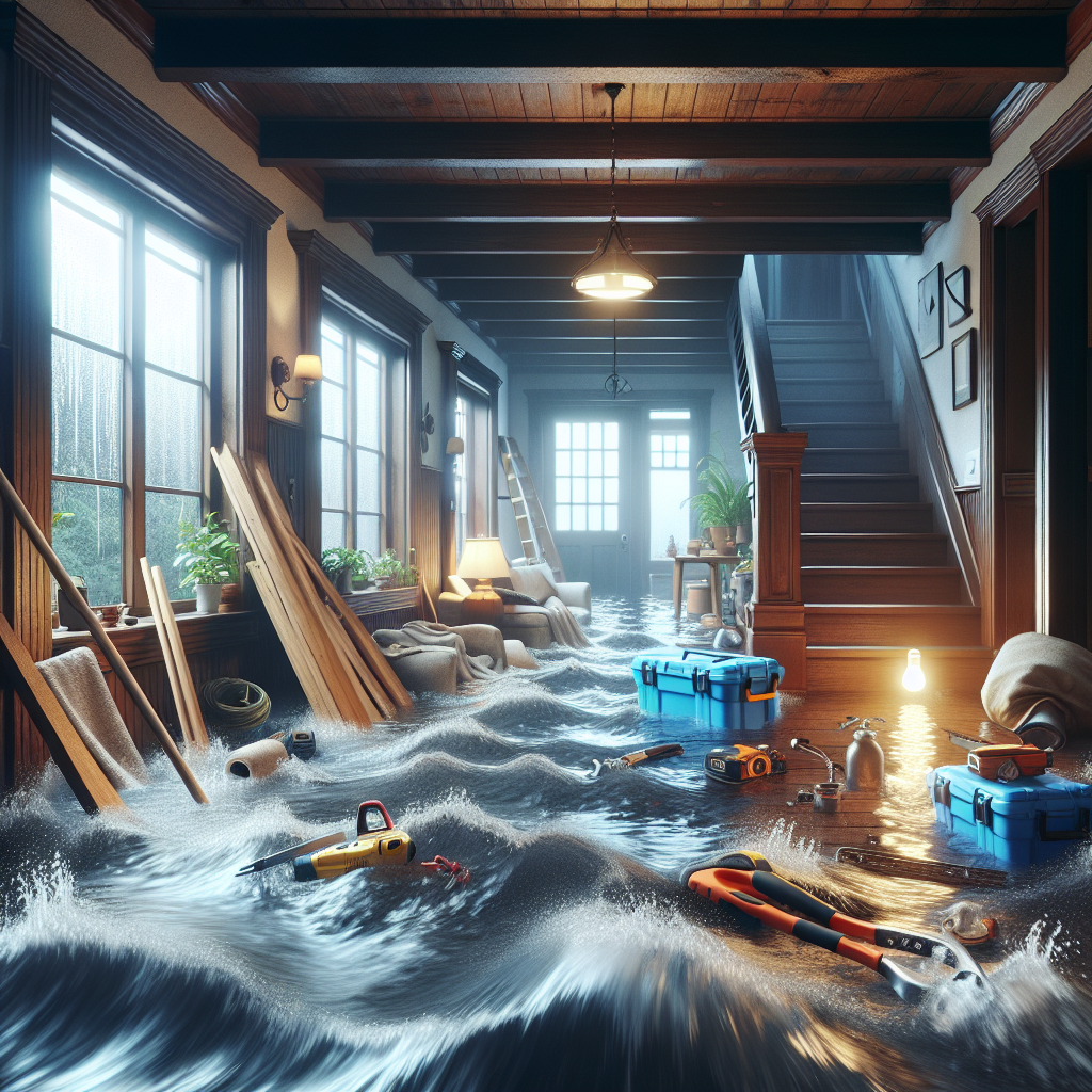 A chaotic scene of water flooding a home with tools scattered around, emphasizing the urgency of emergency plumbing services