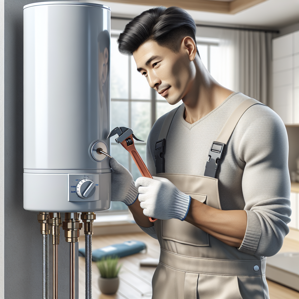 A professional plumber installing a modern electric hot water heater in a residential home