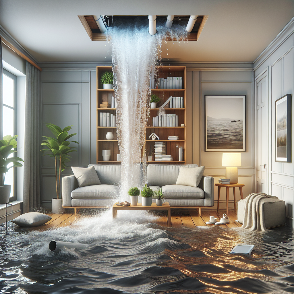 A dramatic scene of a burst pipe causing water to flood a living room with furniture getting soaked