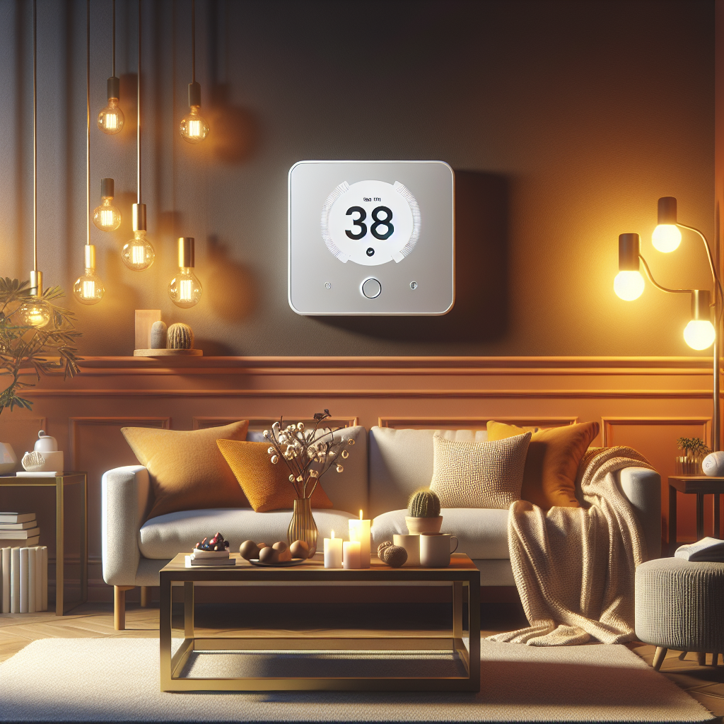 A cozy living room with a smart thermostat displayed prominently on the wall, surrounded by warm decor and soft lighting