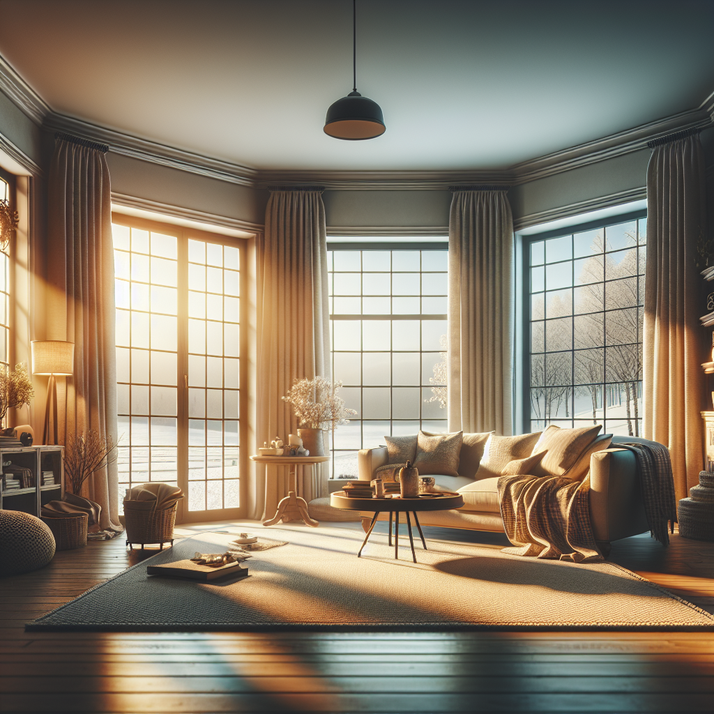 A cozy living room with well-insulated windows showcasing weather stripping, warm lighting, and a comfortable couch