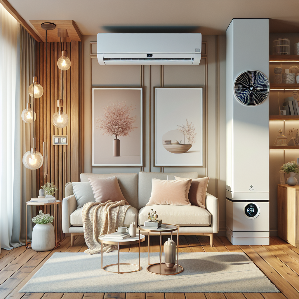 A cozy living room with a modern heating and cooling system visible