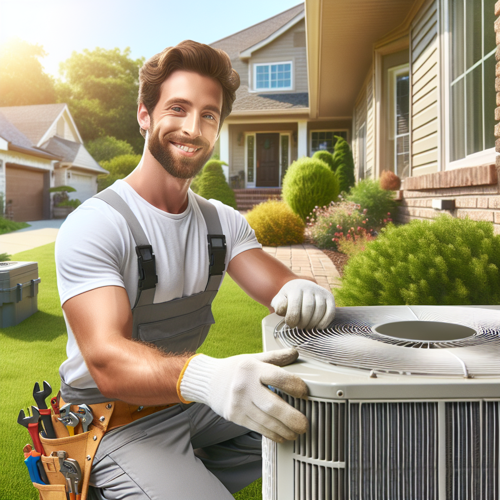 A friendly HVAC technician inspecting an air conditioning unit outside a suburban home