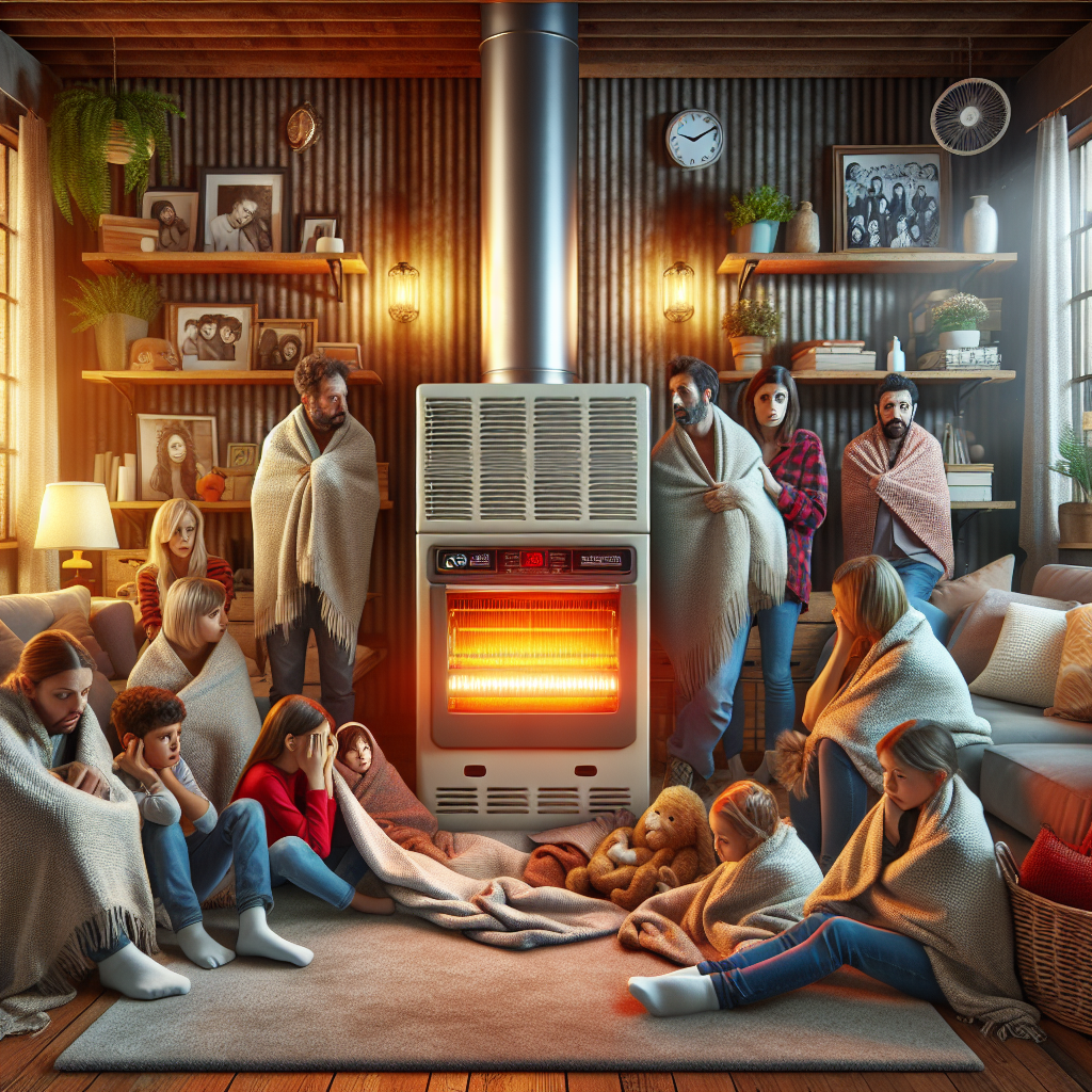 A cozy living room with a malfunctioning furnace, showing a family bundled up under blankets while waiting for help