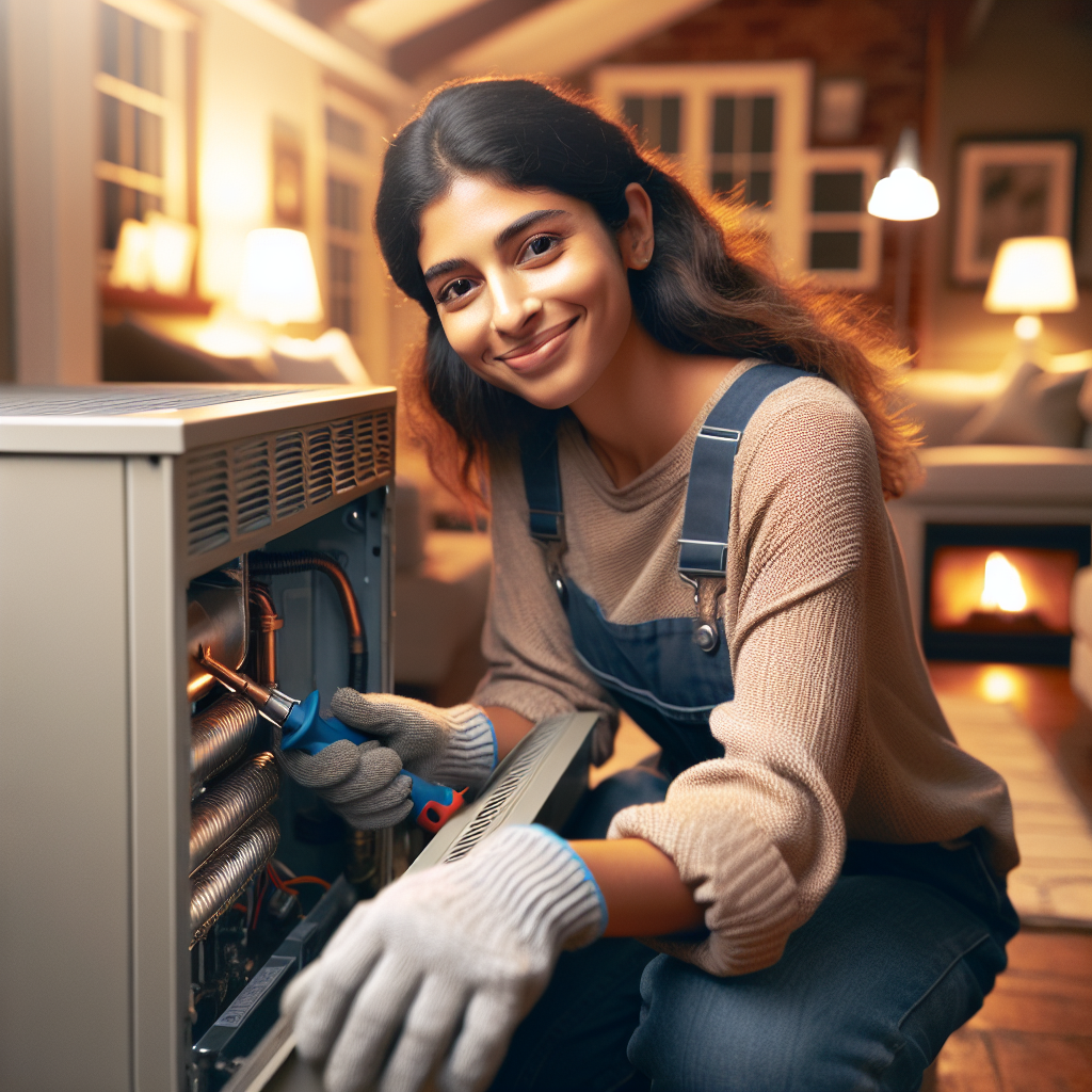 A friendly local HVAC technician working on a residential furnace in a cozy home setting