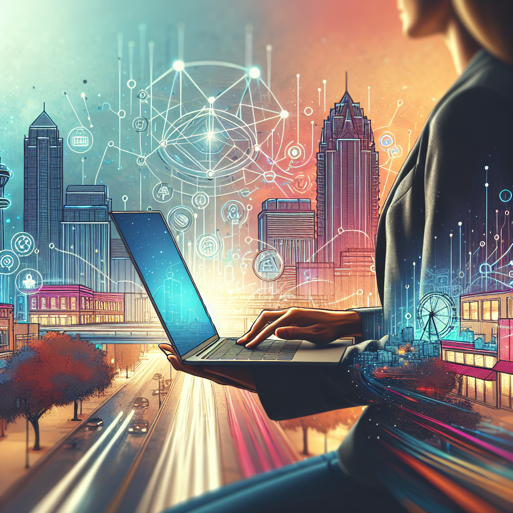 A person using a laptop with a vibrant cityscape of San Antonio in the background, showcasing digital marketing efforts