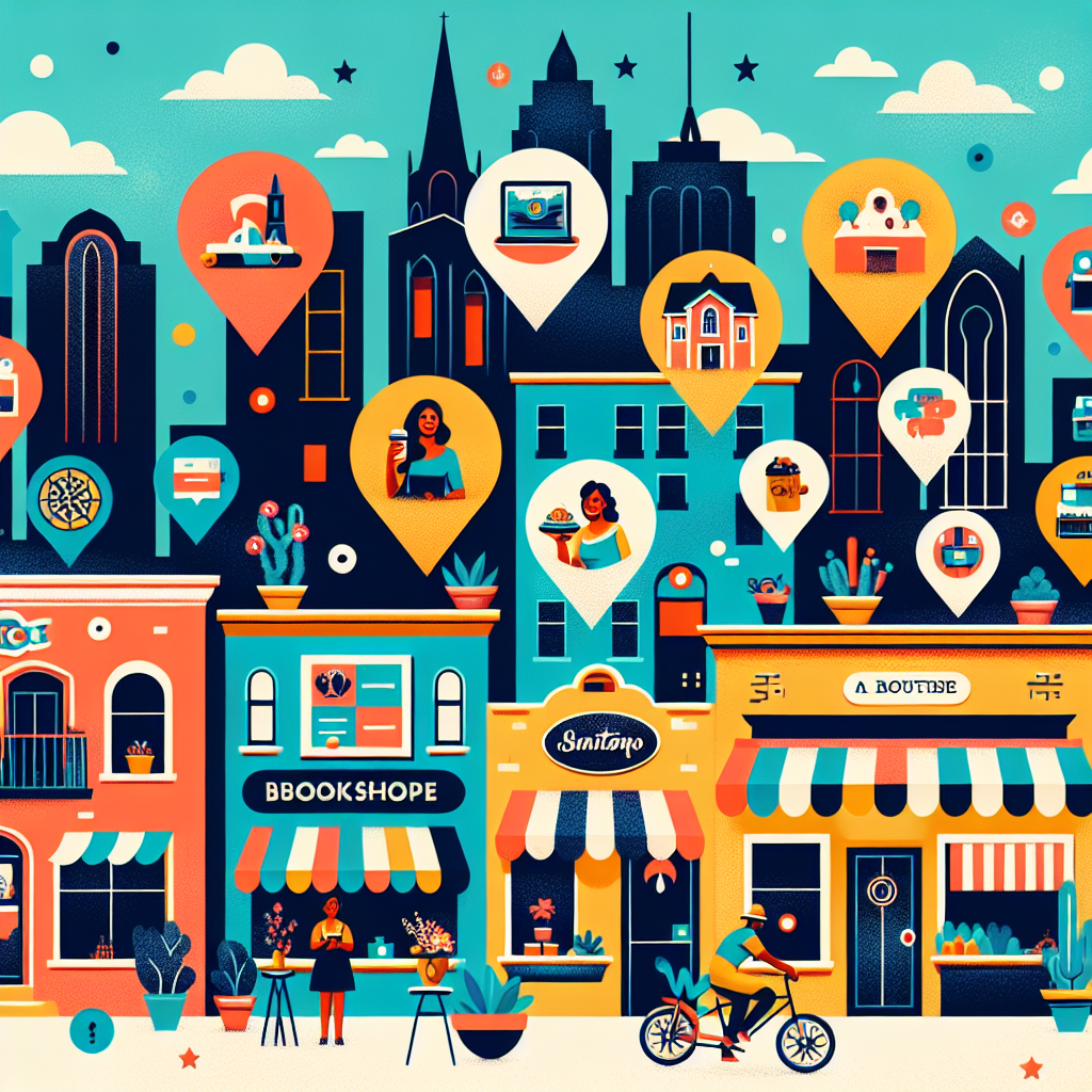 A vibrant illustration showing various successful small businesses in San Antonio with highlighted Google My Business listings