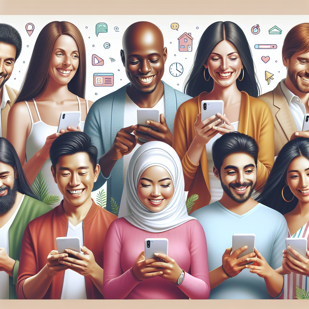 A dynamic illustration showing diverse people using their smartphones happily while browsing local business websites